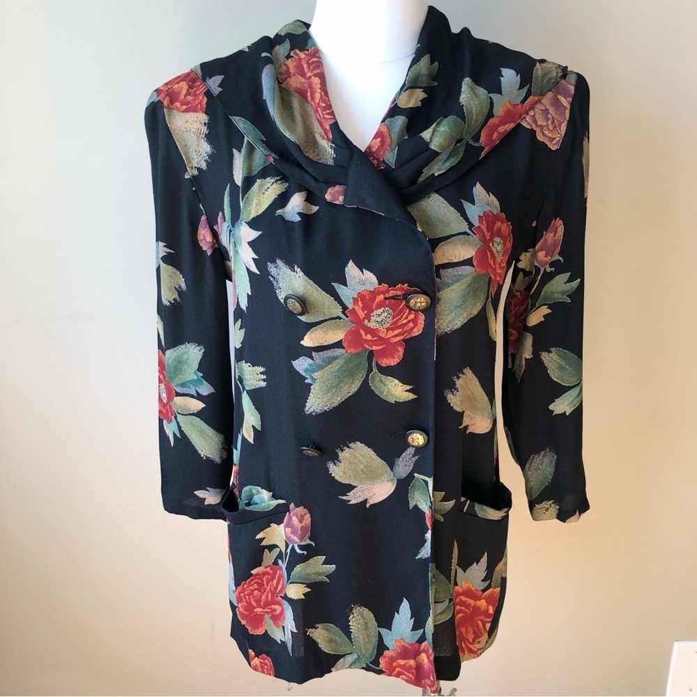 vintage black crepe floral print double breasted feminine cottage core blazer S